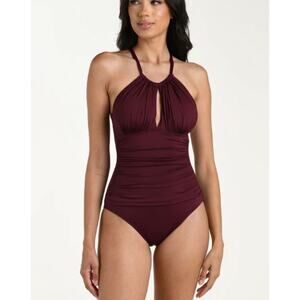La Blanca Island Goddess High Neck Keyhole One Piece Swimsuit Dark Cherry Size 8